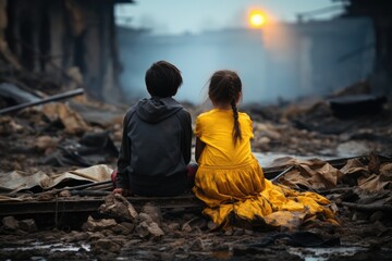 Children inside a destroyed building post-apocalyptic backdrop  or poster, created with generative ai