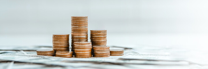 Stacking money coins accounting for increase financial interest rate  digital stock market financial exchange analyzing  trading Business stock growth.