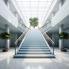 modern staircase with a tree  in the  building