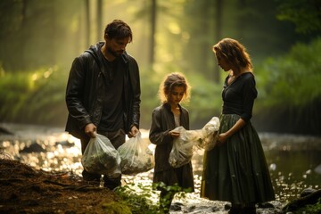Child, mother and father pick up trash at the forest, problem of plastic pollution in the environment, created with generative ai