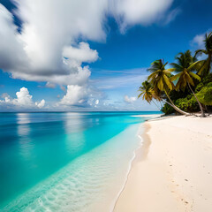 An idyllic perfect beach, white sand, gently wavy and foamy sea.  hyper detailed, high resolution,