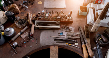 Instruments kit in a large workshop for the manufacture of handmade jewelry