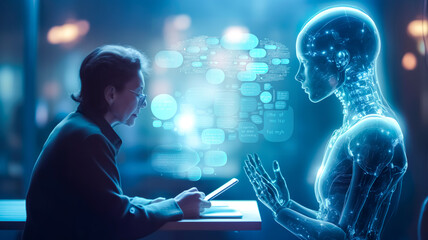 Robotics or ai artificial intelligence connecting interaction with human.Chat bot software network.big data and transfer protocol system.Neuralink with smart brain.ai generative technology