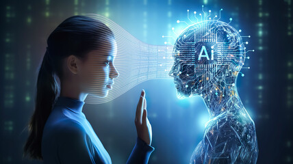 Robotics or ai artificial intelligence connecting interaction with human.Chat bot software network.big data and transfer protocol system.Neuralink with smart brain.ai generative technology
