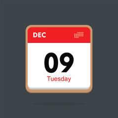 tuesday 09 december icon with black background, calender icon