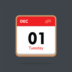 tuesday 01 december icon with black background, calender icon