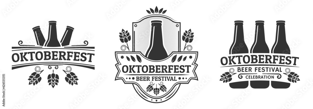 Wall mural Oktoberfest icon, logo or label set with beer bottles. Beer festival vintage design. October fest emblem or symbol templates. Vector illustration.