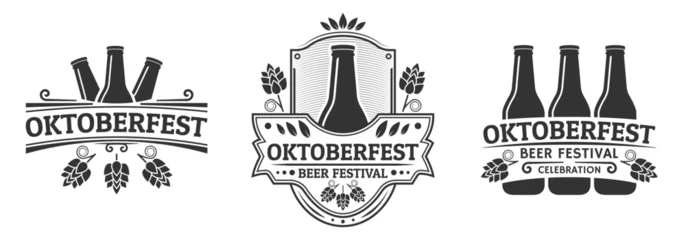 Fotobehang Oktoberfest icon, logo or label set with beer bottles. Beer festival vintage design. October fest emblem or symbol templates. Vector illustration. © metelsky25