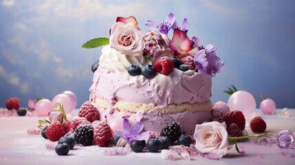 Ice Cream Cake with Multiple Layers and Graham Cracker Crusts - Melting Whipped Frosting with Cold Berries/Fruits - Flower Decorations on Vintage Pastel Blue Gradient Background - Generative AI