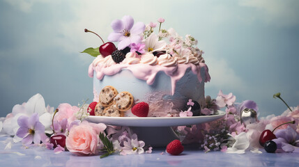 Ice Cream Cake with Multiple Layers and Graham Cracker Crusts - Melting Whipped Frosting with Cold Berries/Fruits - Flower Decorations on Vintage Pastel Blue Gradient Background - Generative AI