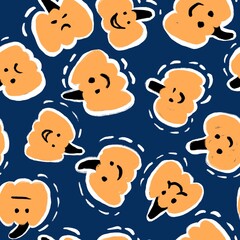 Hand drawn seamless pattern with cute orange pumpkins on dark blue background. Halloween thanksgiving print for kids children funny cute design with white dotted line, seasonal fall autumn decor.