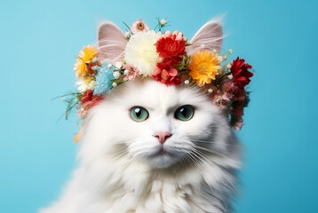 Beautiful white angora cat in a crown of flowers on a blue background.