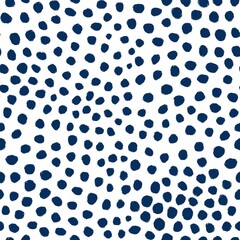 Seamless hand drawn trendy pattern with modern contemporary geometric shapes navy blue. Round circle polka dot minimalism elements. Electric deep classic colors. Loose elements, minimalist.