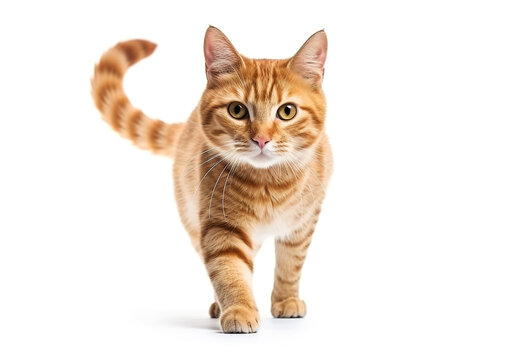 Front view of a ginger cat walking on a white background.