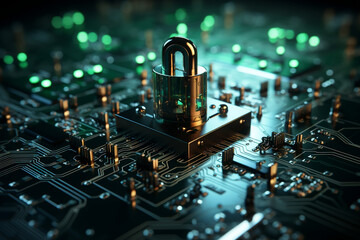 Fototapeta na wymiar Cybersecurity concept depicting a padlock on top of a microchip board, symbolizing protection, safety, and secure connections in the digital world. Generative AI
