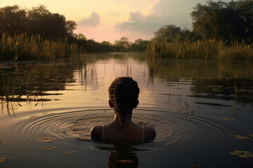 Back view of a lonely african american girl standing in the water in a wild lake outdoors - obrazy, fototapety, plakaty