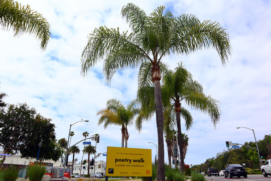 West Hollywood, California - May 30, 2023: Poetry Walk, a temporary public art installation located on the traffic median of Santa Monica Boulevard between Doheny and Almont Drives 
