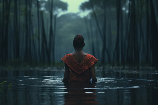 Back view of a lonely african american woman in a dress setting in the water in a wild lake in the forest, outdoors