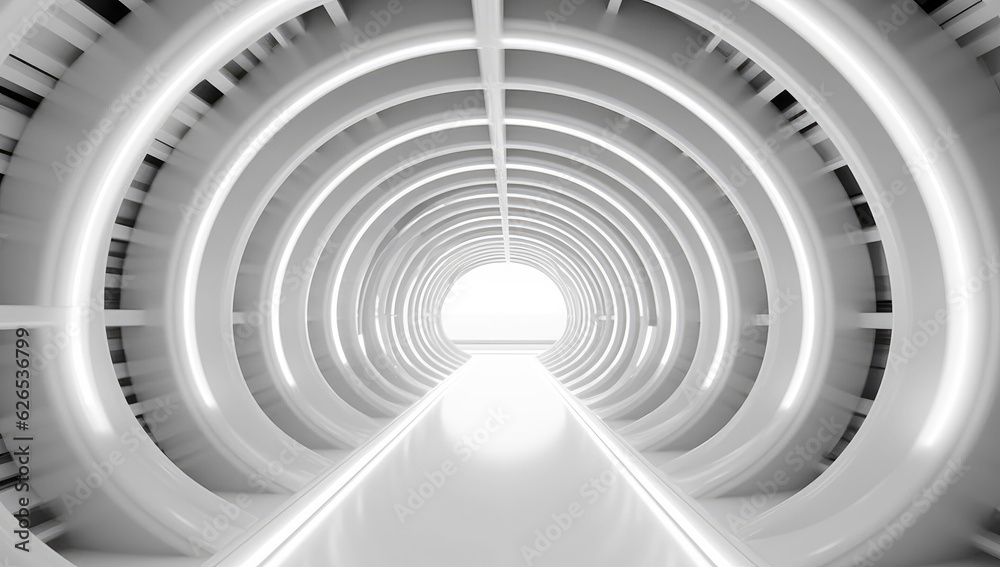 Poster Futuristic Empty White Tunnel with a Light from the End extreme closeup. Generative ai