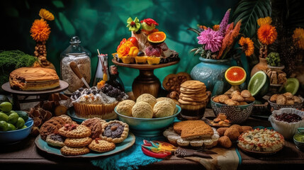 Array of Colorful Sweet Desserts in a Dessert Buffet extreme closeup. Generative AI