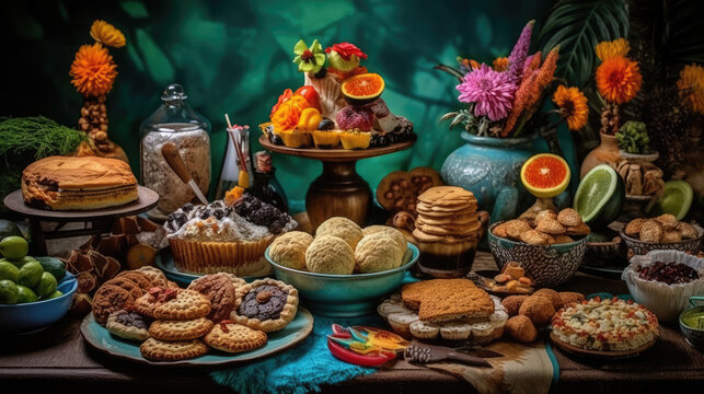 Array of Colorful Sweet Desserts in a Dessert Buffet extreme closeup. Generative AI