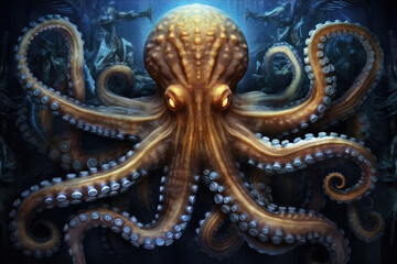 Fototapeta premium Octopus with Large Eyes Swimming Deep Ocean Water extreme closeup. Generative AI