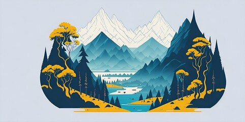 Beautiful highland forest. Cartoon. AI generated illustration