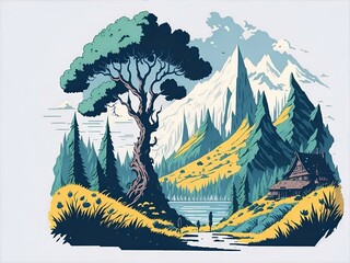 Beautiful highland forest. Cartoon. AI generated illustration