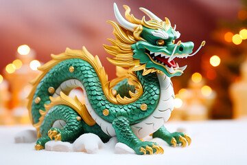 Obraz premium Traditional chinese dragon on festive golden bokeh background. Statuette of a green wooden dragon, 2024 New Year symbol. Chinese New Year, Christmas, winter holidays postcard. Green wooden dragon 2024