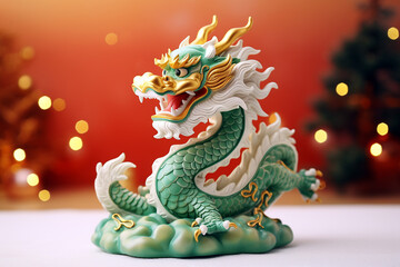 Fototapeta premium Traditional chinese dragon on festive golden bokeh background. Statuette of a green wooden dragon, 2024 New Year symbol. Chinese New Year, Christmas, winter holidays postcard. Green wooden dragon 2024