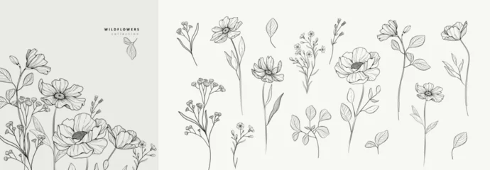 Fotobehang Retro compositie Floral branch and minimalist flowers for logo or tattoo. Hand drawn line wedding herb, elegant leaves