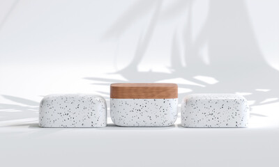 Terrazzo marble podium on sand background for product presentation. 3d illustration