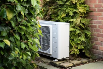 Air source heat pump installed in residential building. Generative AI