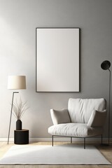 Blank picture frame mockup on gray wall. Modern living room design. Vertical template for artwork, digital ai.