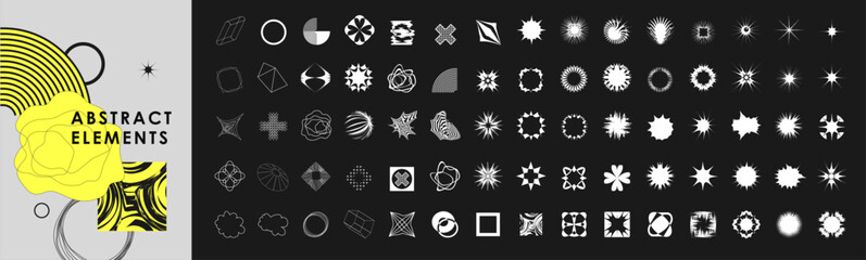 Trendy geometric design elements. Simple shapes forms and frames inspired brutalism, abstract bauhaus and boho cosmic style. Universal star and flower shape, basic form © merfin