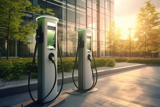 Fast electric vehicle chargers for charging car in park, digital ai.