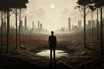 An abstract man stands in front of a cleared forest and a city in the distance. Environmental pollution and Deforestation. 