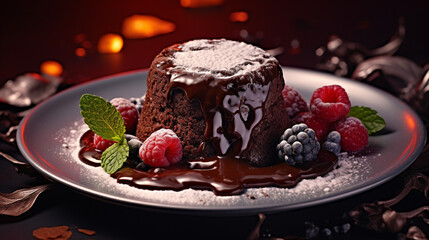 Molten Chocolate Lava Cake with Dripping/Melted Chocolate - Fruit and Flower Toppings/Decorations - Generative AI