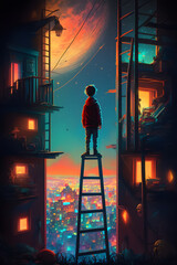 Obraz na płótnie Canvas A digital artwork featuring a boy standing on a ladder. City in night painting art. AI generated