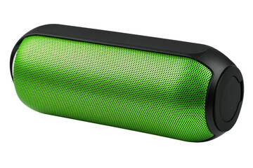 Green wireless portable speaker, isolated on white background.