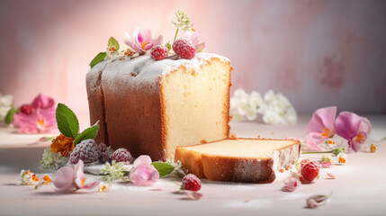 Obraz na płótnie Canvas Delicate Pastel Aesthetic Pound Cake with White Sugar Icing - Edible Flower Design Elements and Berry Fruits - On Vintage Backdrop - Generative AI