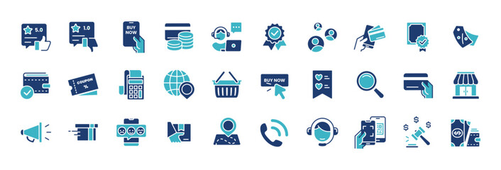 E-commerce icon set vector. Online shopping icons, delivery, store, marketing, payment, money, feedback, support, and more. commerce business illustration design