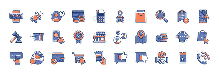 E-commerce icon set vector. Online store business icon collection, delivery, shopping, payment, money, feedback, marketing, assistance, and more. commerce finance shop illustration design