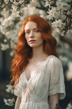 Beautiful woman with vibrant red hair wearing white dress surrounded by flowers. Female model with serious expression.