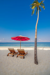 Tropical beach nature as summer landscape with lounge chairs beds. Sunny sky idyllic palm trees, calm sea waves. Luxury travel landscape, beautiful destination for vacation or holiday. Beach coast