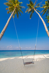 Tropical beach panorama as summer relax landscape with beach swing hanging on palm tree over white sand sea beach banner. Amazing beach vacation summer leisure holiday. Luxury romantic freedom travel