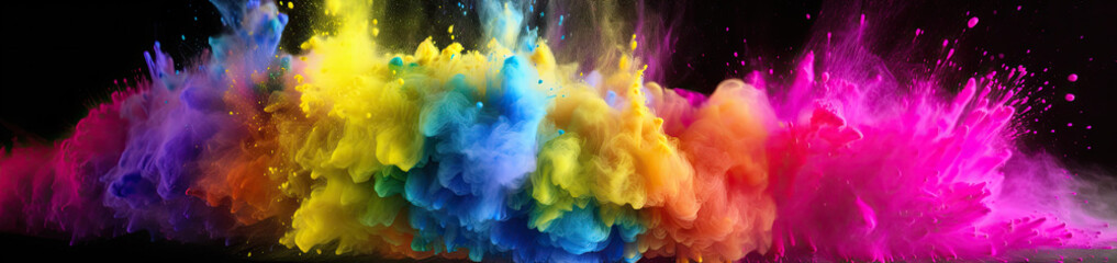 Multicoloured holi powder explosion on a black background. Panoramic view. Generative AI