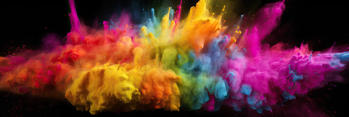 Obraz na płótnie Canvas Multicoloured holi powder explosion on a black background. Panoramic view. Generative AI