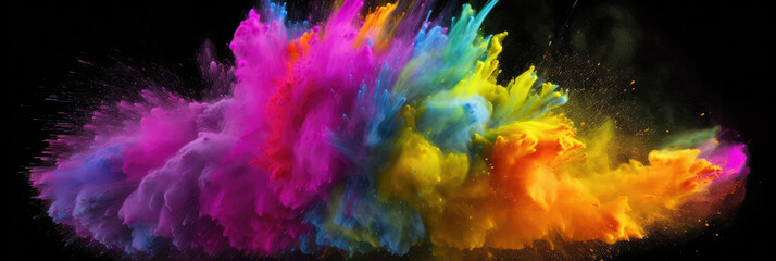Obraz na płótnie Canvas Multicoloured holi powder explosion on a black background. Panoramic view. Generative AI