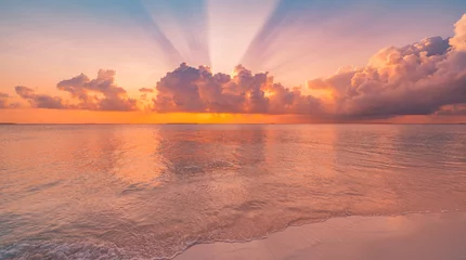 Fotobehang Slaapkamer Sea sand sky concept, sunset colors clouds, horizon, horizontal background banner. Inspire nature landscape, beautiful colors, wonderful sun rays, tropical beach. Mediterranean sunset, summer vacation  © icemanphotos